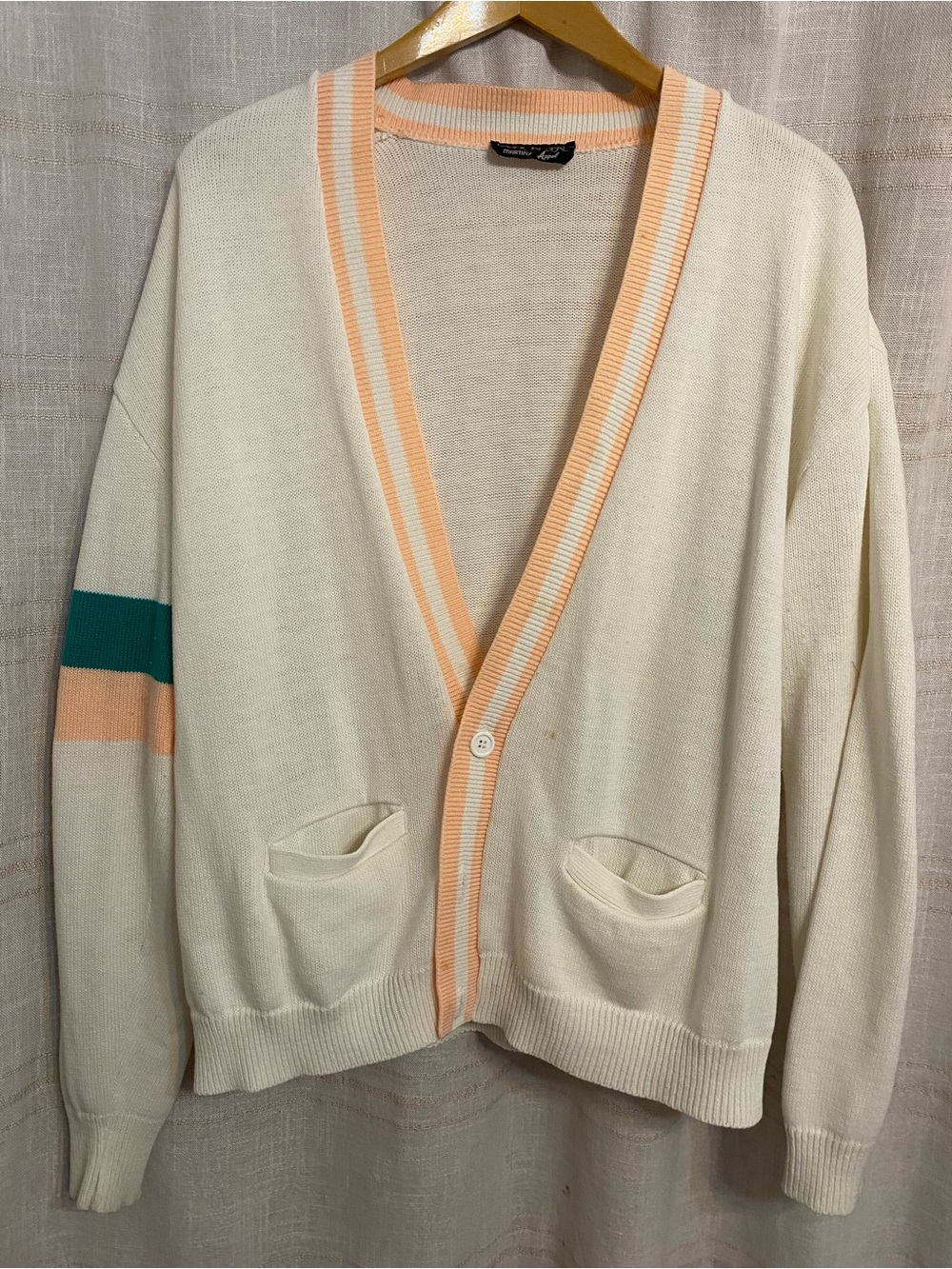 Vintage 80s Fashion Seal Varsity Knit Cardigan Sweater Cream Peach Teal